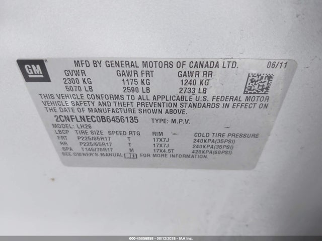 45856858 :رقم المزاد ، 2CNFLNEC0B6456135 vin ، 2011 Chevrolet Equinox Lt W/2lt مزاد بيع