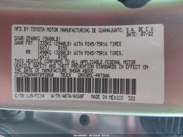 2022 Toyota Tacoma Sr5 V6 მანქანა იყიდება აუქციონზე, vin: 3TYCZ5AN4NT093060, აუქციონის ნომერი: 45856861