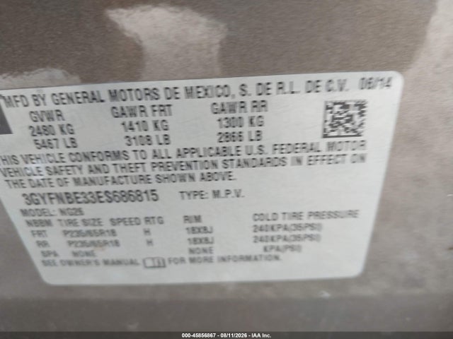45856867 :رقم المزاد ، 3GYFNBE33ES686815 vin ، 2014 Cadillac Srx Luxury Collection مزاد بيع