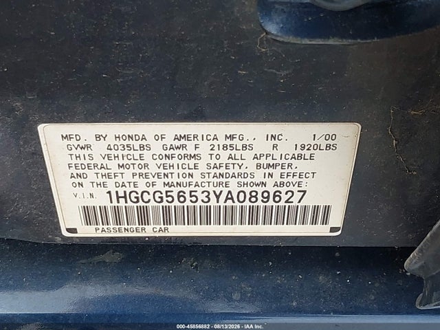 2000 Honda Accord 2.3 Ex მანქანა იყიდება აუქციონზე, vin: 1HGCG5653YA089627, აუქციონის ნომერი: 45856882