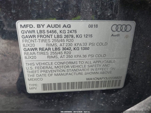 Aukcja sprzedaży 2018 Audi Q5 2.0t Premium/2.0t Tech Premium, vin: WA1CNAFY3J2235820, numer aukcji: 45856894