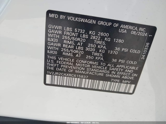Aukcja sprzedaży 2024 Volkswagen Atlas 2.0t Se W/technology, vin: 1V2JR2CAXRC615837, numer aukcji: 45856903
