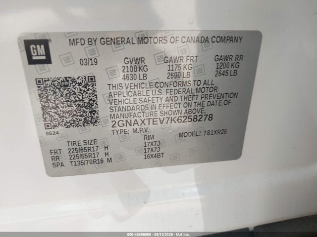 2019 Chevrolet Equinox Lt მანქანა იყიდება აუქციონზე, vin: 2GNAXTEV7K6258278, აუქციონის ნომერი: 45856908