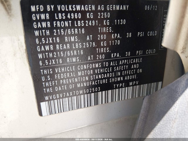2013 Volkswagen Tiguan S მანქანა იყიდება აუქციონზე, vin: WVGBV7AX7DW502503, აუქციონის ნომერი: 45856936