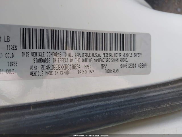Aukcja sprzedaży 2019 Dodge Grand Caravan Gt, vin: 2C4RDGEGXKR618834, numer aukcji: 45856970