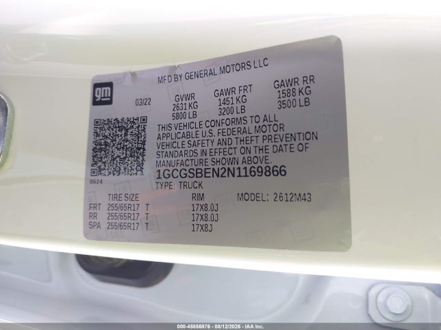 Aukcja sprzedaży 2022 Chevrolet Colorado 2wd  Short Box Wt, vin: 1GCGSBEN2N1169866, numer aukcji: 45856976
