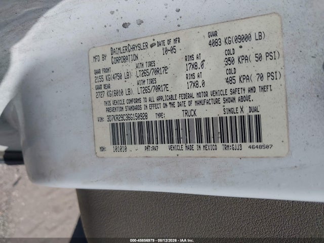 2006 Dodge Ram 2500 Laramie მანქანა იყიდება აუქციონზე, vin: 3D7KR29C36G150928, აუქციონის ნომერი: 45856979