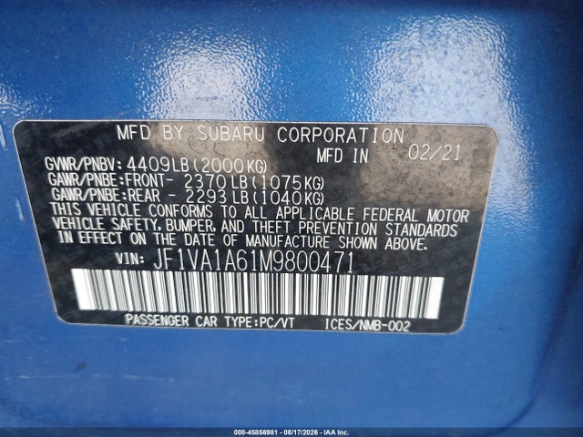 Subaru WRX 2021 JF1VA1A61M9800471 Image 9