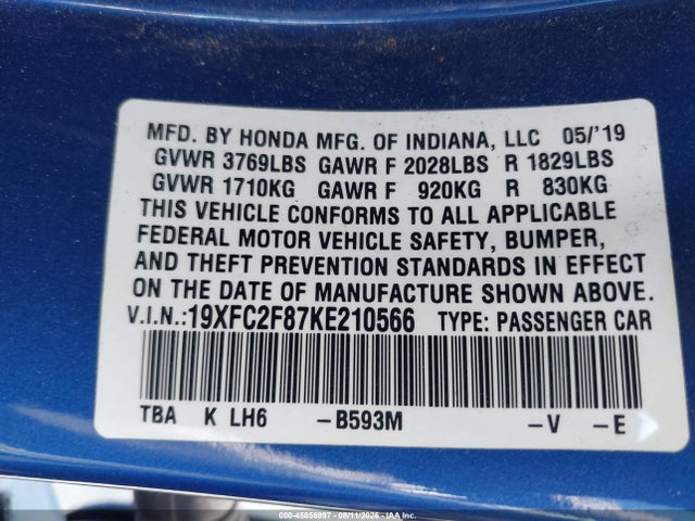 19XFC2F87KE210566 Honda Civic Sport