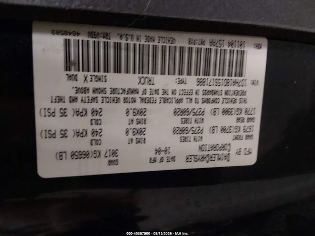 45857000 :رقم المزاد ، 1D7HA18D15S171886 vin ، 2005 Dodge Ram 1500 Slt/laramie مزاد بيع