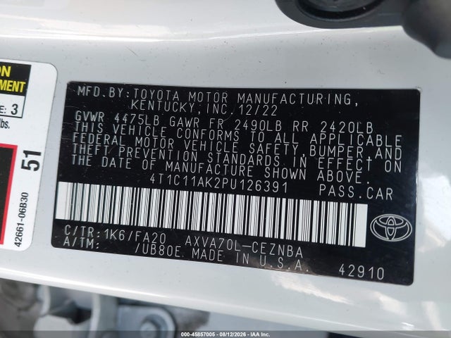 45857005 :رقم المزاد ، 4T1C11AK2PU126391 vin ، 2023 Toyota Camry Le مزاد بيع