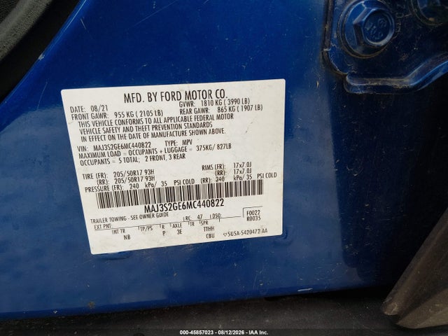 Продажа на аукционе авто 2021 Ford Ecosport Se, vin: MAJ3S2GE6MC440822, номер лота: 45857023