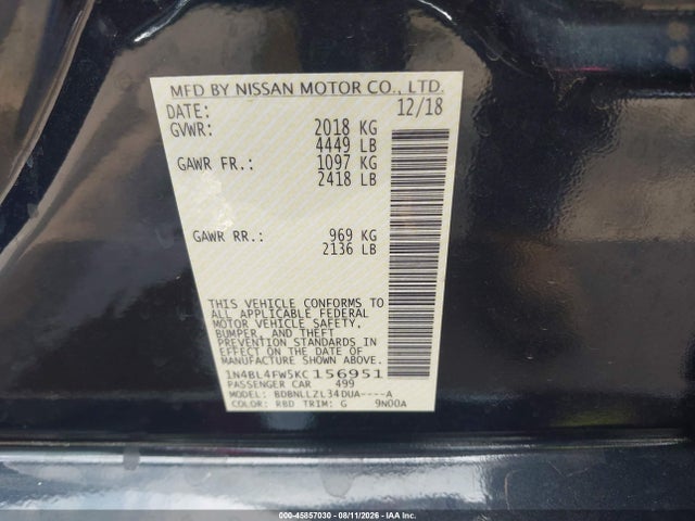 Aukcja sprzedaży 2019 Nissan Altima 2.5 Platinum, vin: 1N4BL4FW5KC156951, numer aukcji: 45857030