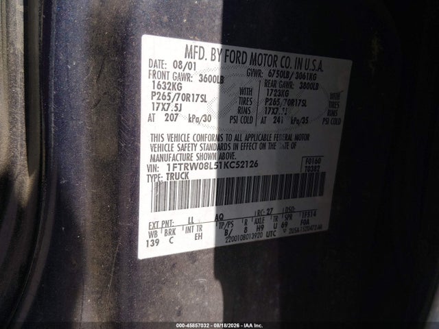 2001 Ford F-150 მანქანა იყიდება აუქციონზე, vin: 1FTRW08L51KC52126, აუქციონის ნომერი: 45857032