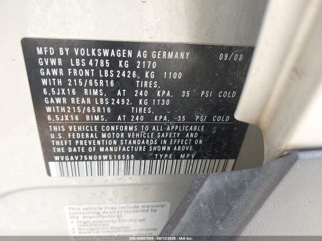 Продаж на аукціоні авто 2009 Volkswagen Tiguan S/se/sel, vin: WVGAV75N09W516559, номер лоту: 45857055
