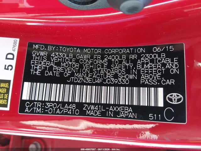 JTDZN3EU4FJ039330 Toyota Prius V Four