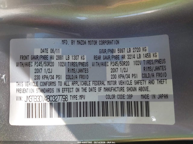 Aukcja sprzedaży 2011 Mazda Cx-9 Grand Touring, vin: JM3TB3DV4B0327798, numer aukcji: 45857065