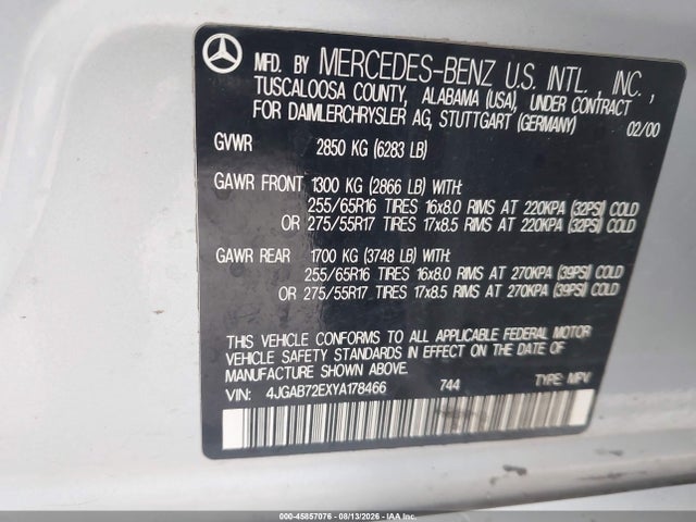 45857076 :رقم المزاد ، 4JGAB72EXYA178466 vin ، 2000 Mercedes-benz Ml 430 مزاد بيع