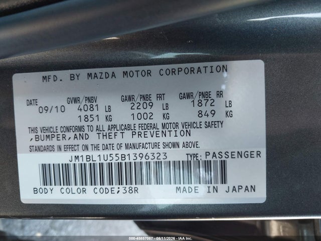 Aukcja sprzedaży 2011 Mazda Mazda3 S Sport, vin: JM1BL1U55B1396323, numer aukcji: 45857087