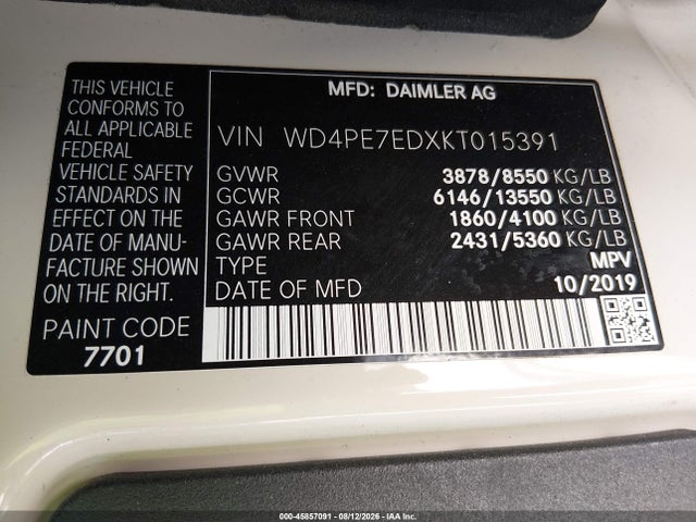 Продажа на аукционе авто 2019 Mercedes-benz Sprinter 1500 Standard Roof I4, vin: WD4PE7EDXKT015391, номер лота: 45857091