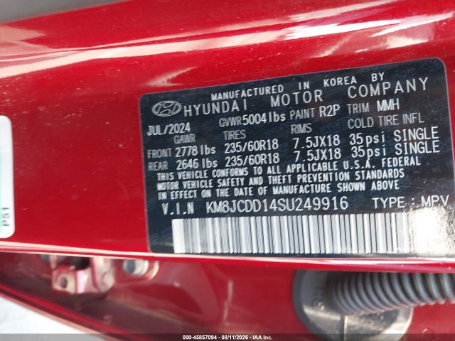 2025 Hyundai Tucson Hybrid Sel Convenience მანქანა იყიდება აუქციონზე, vin: KM8JCDD14SU249916, აუქციონის ნომერი: 45857094