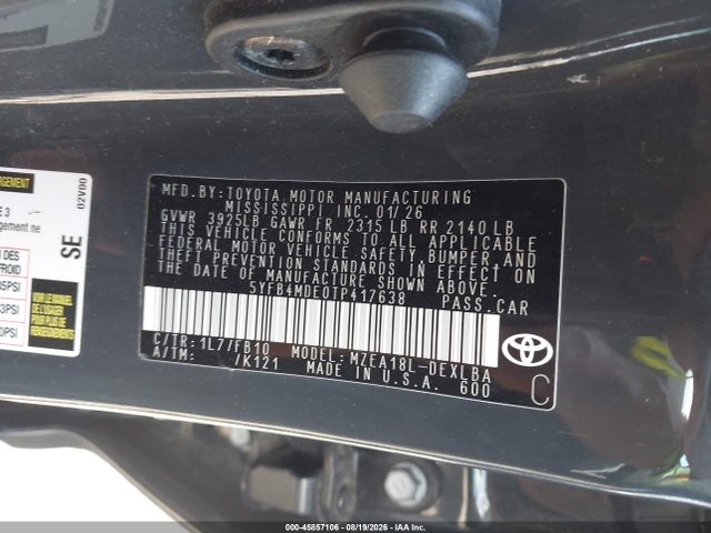 Продажа на аукционе авто 2026 Toyota Corolla Le, vin: 5YFB4MDE0TP417638, номер лота: 45857106