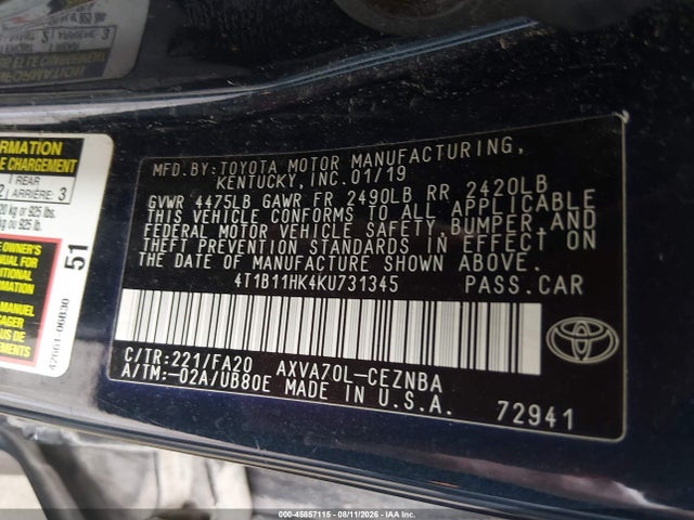 Aukcja sprzedaży 2019 Toyota Camry Le, vin: 4T1B11HK4KU731345, numer aukcji: 45857115