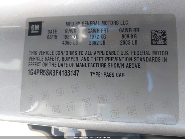 45857119 :رقم المزاد ، 1G4PR5SK3F4183147 vin ، 2015 Buick Verano Convenience Group مزاد بيع