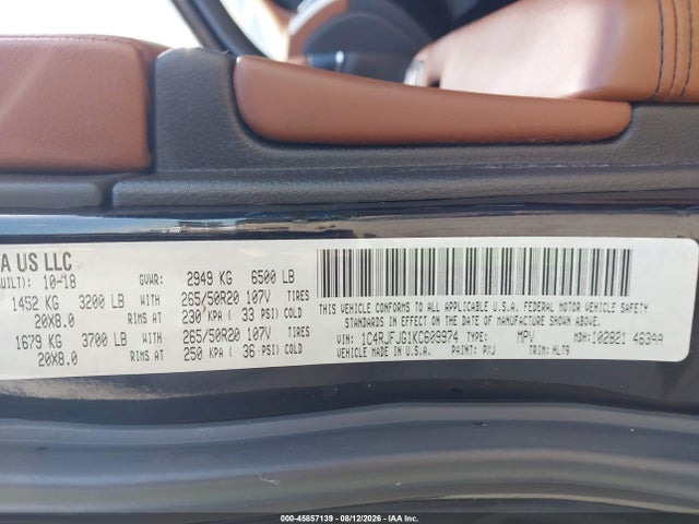 Продаж на аукціоні авто 2019 Jeep Grand Cherokee Summit 4x4, vin: 1C4RJFJG1KC609974, номер лоту: 45857139