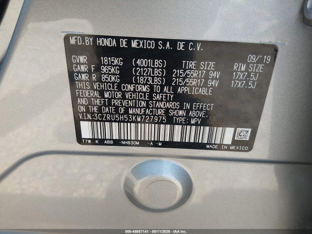 2019 Honda Hr-v Ex მანქანა იყიდება აუქციონზე, vin: 3CZRU5H53KM727975, აუქციონის ნომერი: 45857141