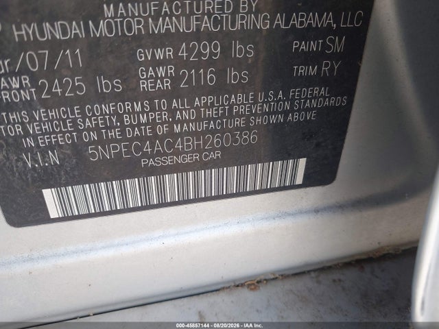 Продажа на аукционе авто 2011 Hyundai Sonata Limited, vin: 5NPEC4AC4BH260386, номер лота: 45857144