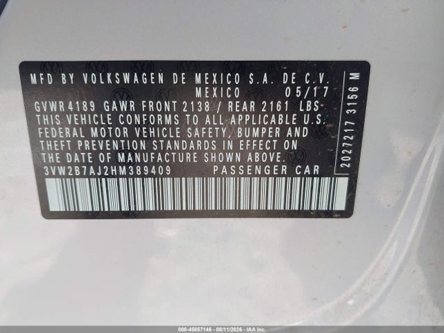 45857146 :رقم المزاد ، 3VW2B7AJ2HM389409 vin ، 2017 Volkswagen Jetta 1.4t S مزاد بيع