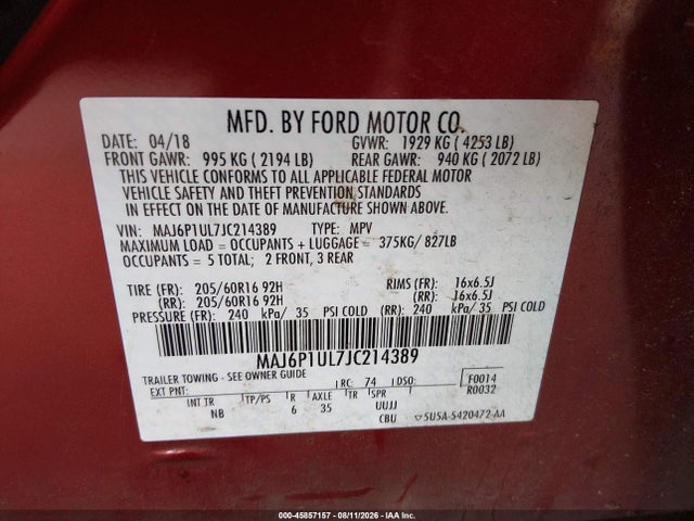 MAJ6P1UL7JC214389 Ford Ecosport Se