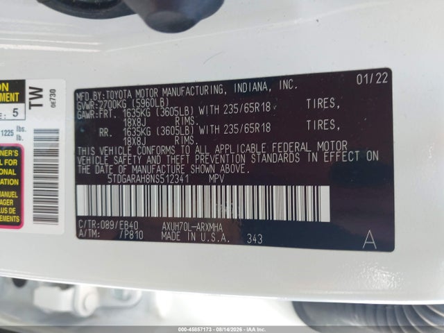 45857173 :رقم المزاد ، 5TDGARAH8NS512341 vin ، 2022 Toyota Highlander Hybrid Xle مزاد بيع