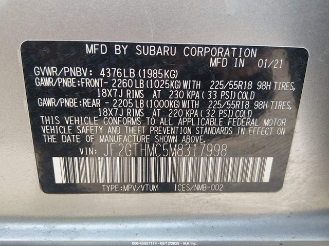 Aukcja sprzedaży 2021 Subaru Crosstrek Limited, vin: JF2GTHMC5M8317998, numer aukcji: 45857174