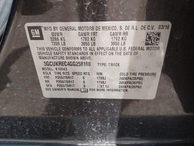 45857177 :رقم المزاد ، 3GCUKREC4GG258160 vin ، 2016 Chevrolet Silverado 1500 1lt مزاد بيع