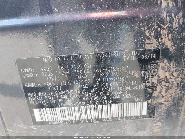 2015 Subaru Outback 2.5i Premium მანქანა იყიდება აუქციონზე, vin: 4S4BSACC1F3212956, აუქციონის ნომერი: 45857178
