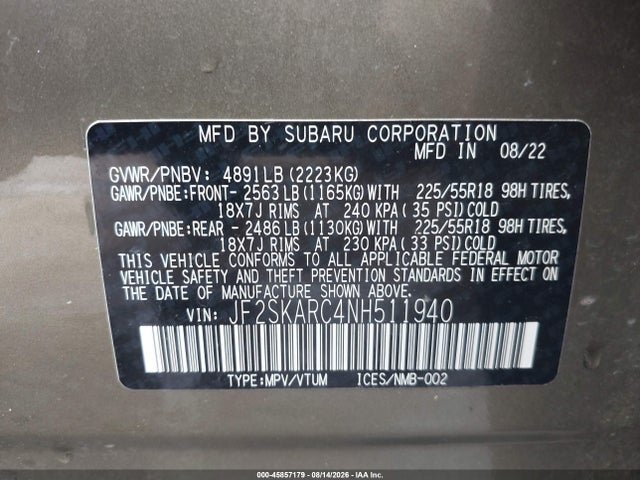 Aukcja sprzedaży 2022 Subaru Forester Touring, vin: JF2SKARC4NH511940, numer aukcji: 45857179