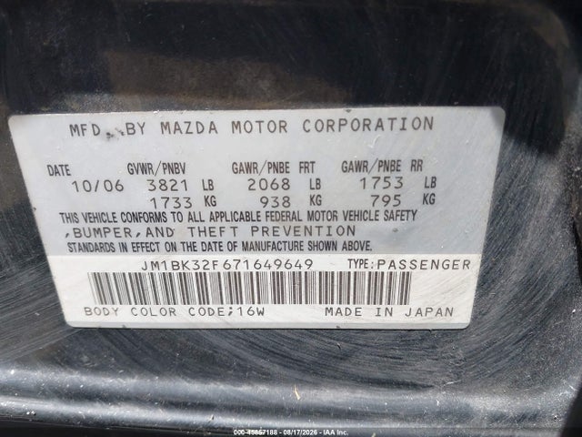 Продажа на аукционе авто 2007 Mazda Mazda3 I, vin: JM1BK32F671649649, номер лота: 45857188