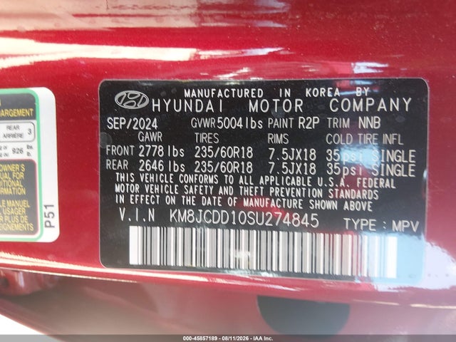 45857189 :رقم المزاد ، KM8JCDD10SU274845 vin ، 2025 Hyundai Tucson Hybrid Sel Convenience مزاد بيع