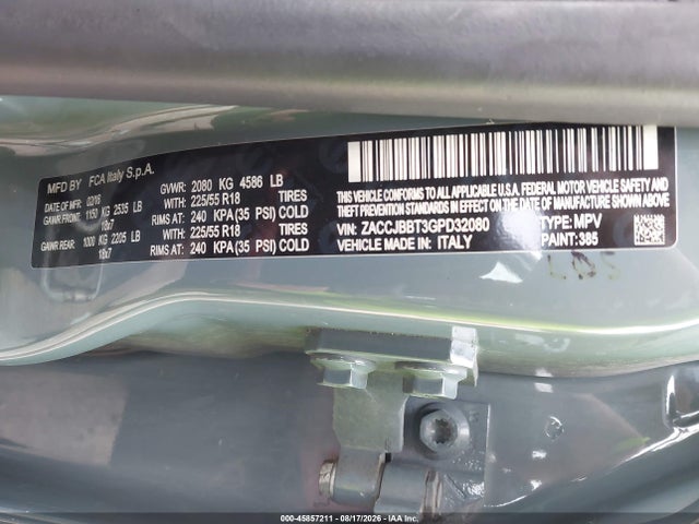 Продаж на аукціоні авто 2016 Jeep Renegade Latitude, vin: ZACCJBBT3GPD32080, номер лоту: 45857211