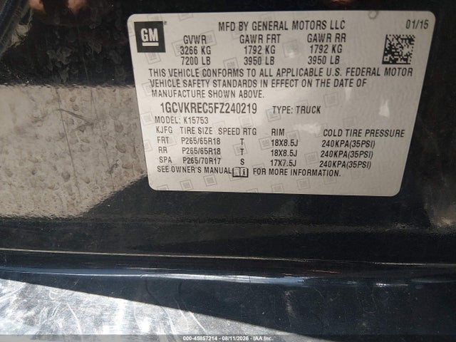 Продаж на аукціоні авто 2015 Chevrolet Silverado 1500 Lt, vin: 1GCVKREC5FZ240219, номер лоту: 45857214