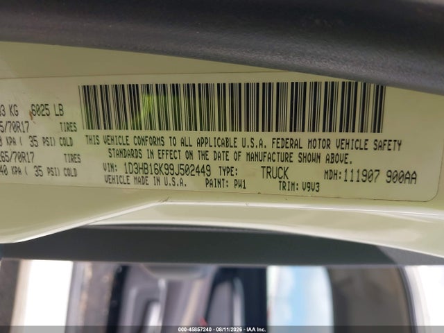 45857240 :رقم المزاد ، 1D3HB16K99J502449 vin ، 2009 Dodge Ram 1500 St مزاد بيع
