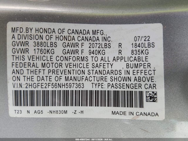 Auction sale of the 2022 Honda Civic Sport, vin: 2HGFE2F56NH597363, lot number: 45857244