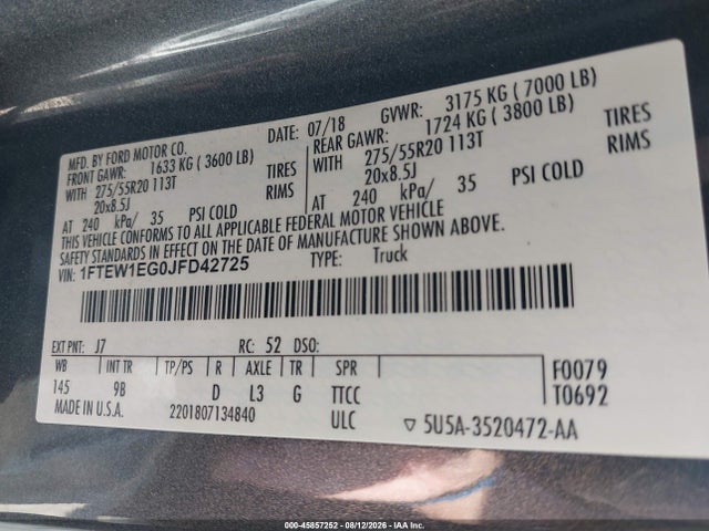 2018 Ford F-150 Platinum მანქანა იყიდება აუქციონზე, vin: 1FTEW1EG0JFD42725, აუქციონის ნომერი: 45857252