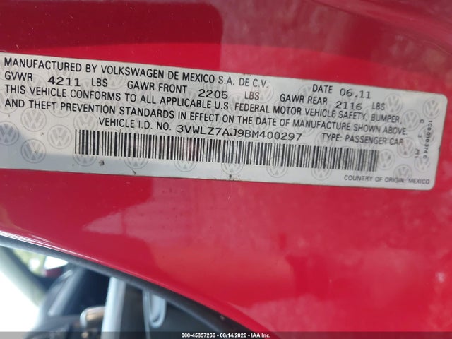 Продаж на аукціоні авто 2011 Volkswagen Jetta 2.5l Sel, vin: 3VWLZ7AJ9BM400297, номер лоту: 45857266