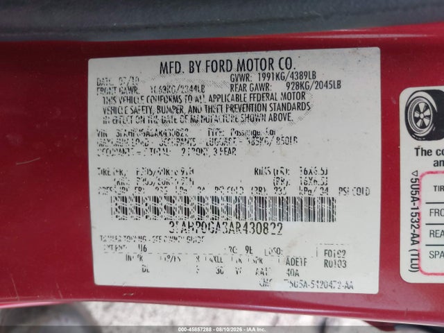 2010 Ford Fusion S მანქანა იყიდება აუქციონზე, vin: 3FAHP0GA3AR430822, აუქციონის ნომერი: 45857288