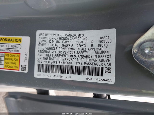 2025 Honda Civic Hybrid Sport/sport Touring მანქანა იყიდება აუქციონზე, vin: 2HGFE4F81SH302610, აუქციონის ნომერი: 45857294