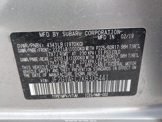 2019 Subaru Crosstrek 2.0i Premium მანქანა იყიდება აუქციონზე, vin: JF2GTAEC7K8306441, აუქციონის ნომერი: 45857300