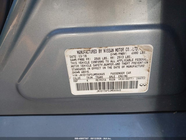 45857307 :رقم المزاد ، JN1EV7AP0JM590645 vin ، 2018 Infiniti Q50 3.0t Luxe مزاد بيع